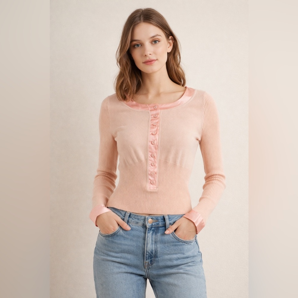 Bluemarine Coral Ribbed Half Button Long Sleeved Top